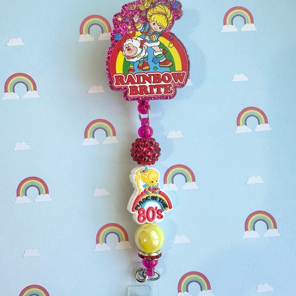 Rainbow Brite Badge Reel with Pink and Yellow Beads